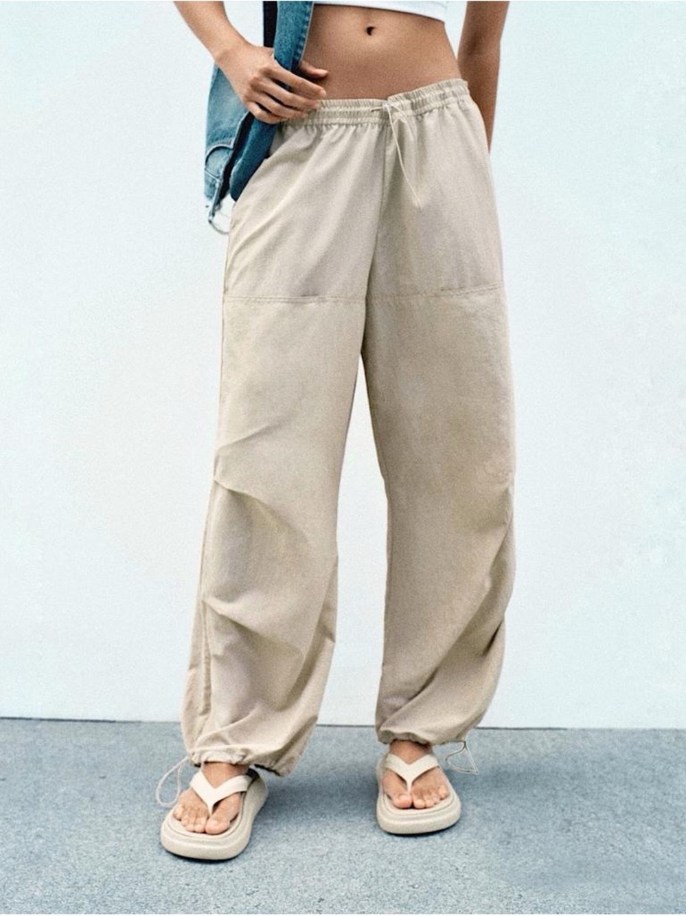 Zara Beige Wide Leg Drawstring Parachute Pants - XS NWT - Picture 3 of 10